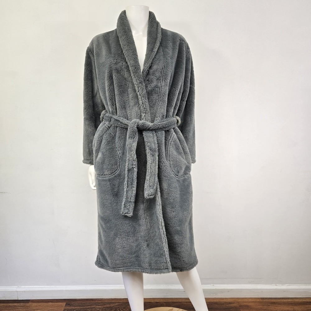 Minky Couture Womens Faux Fur Robe Size XS Midi Plush Gray Belted Cozy Warm